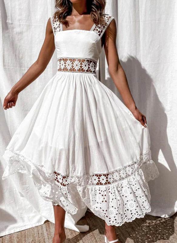 Women's Dress White Hollow Out Cotton Sundress Lace Sleeveless Long Splicing Summer Party Elegant Evening Woman Skirt Clothing - AIAZ