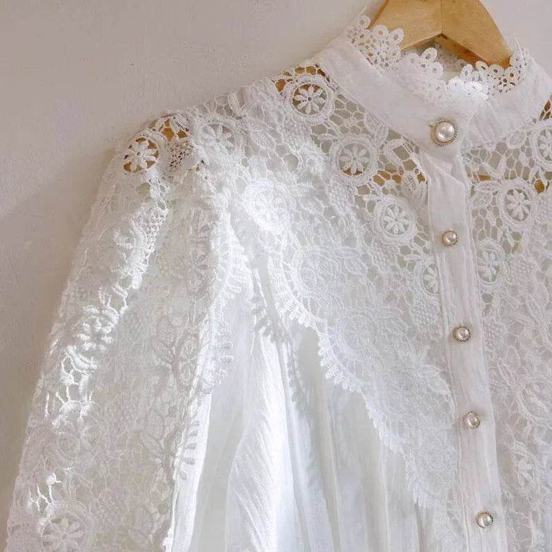 Women's Summer Lace Shirt Button White Top Fashionable Casual Top for Spring Autumn4107 - AIAZ