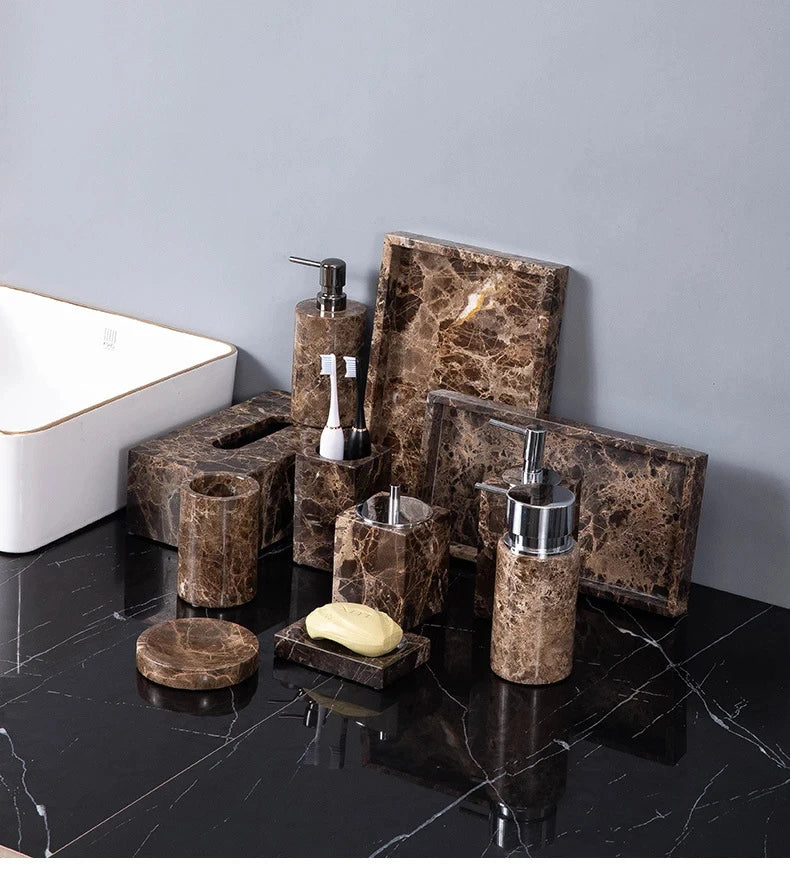 Emperador Dark Natural Marble Bathroom Set Brown Luxury Toothbrush Holder Soap Dish Soap Dispenser Bathroom Accessories
