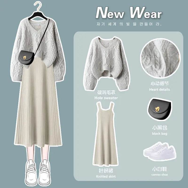 Women's Knitted Sweater Skirt Two Piece Set Women Slim Elegant Tops Female Sweater Dress Suits Lady Knitting Outfit - AIAZ