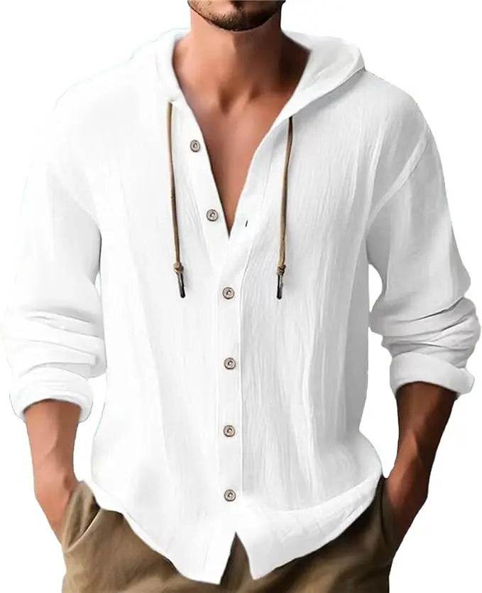 Men's T-shirt Long-sleeved Hooded Cotton Linen Buttons Basic Casual Street Fashion Top Streetwear Tees - AIAZ