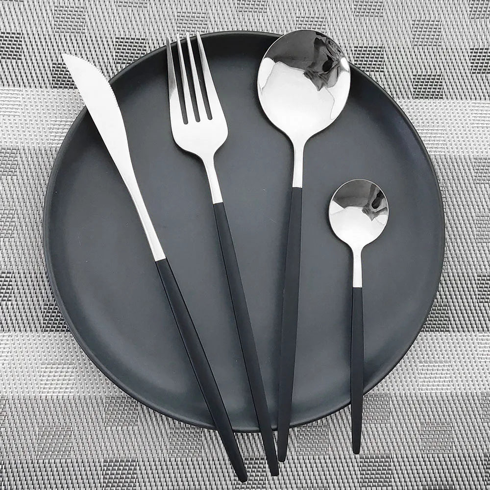 24Pcs Stainless Steel Dinnerware Set Kitchen Fork Spoon Knife Dinner Cutlery Set White Silver Western Flatware Tableware Set