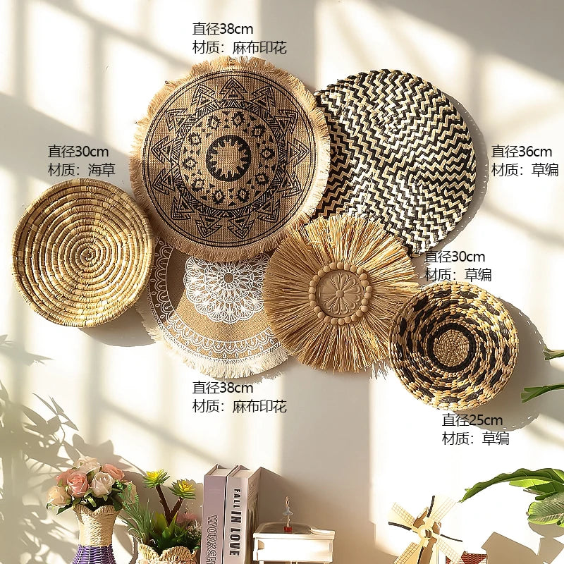 Bohemian Wall Decorations, Woven Grass and Rattan Wall Ornaments, Wall Decorations for Restaurant Background Walls