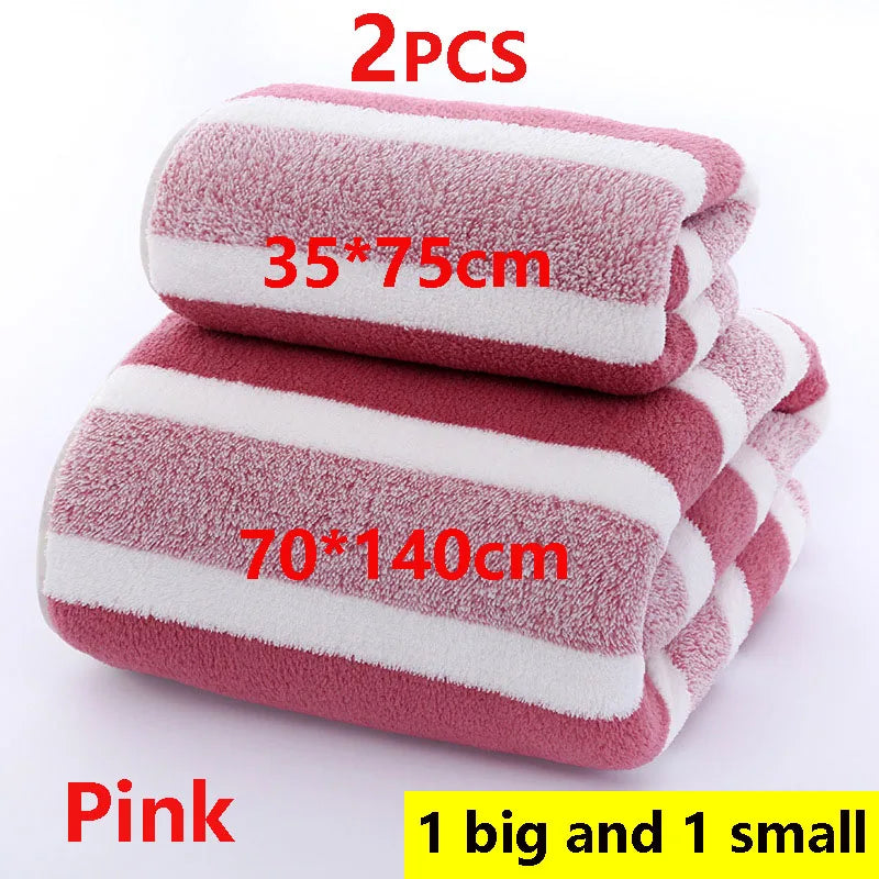 2PCS Thickened Absorbent Bath Towel Striped Pattern Towel Set Soft Face Towel for Home Bathroom Spa Quick Drying Microfiber
