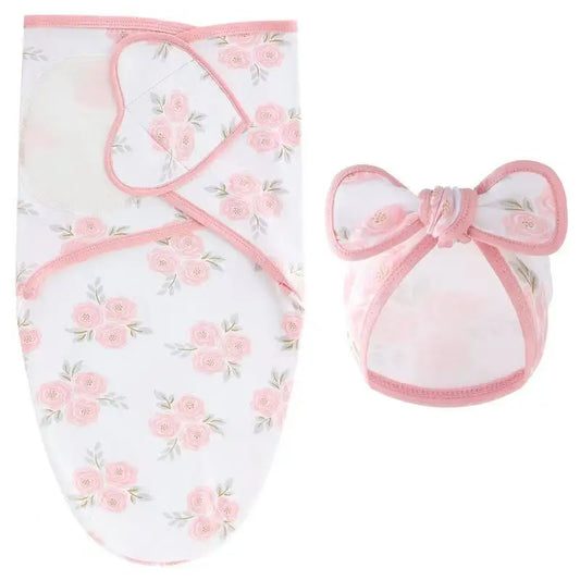 Baby Blanket Hat Set Cartoon Printed Cotton Newborn Swaddle Adjustable Infant Sleeping Swaddle Wraps All Seasons 0-6 Months