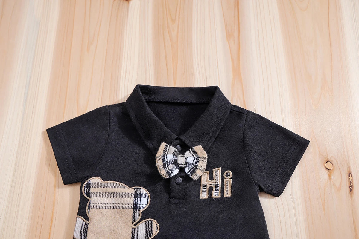 2PCS IURNXB Baby Clothes Sets Short Sleeve Boys Infant Plaid Bear Bodysuit+Suspenders Trousers Set Overall Newborn Outfits 1-18M