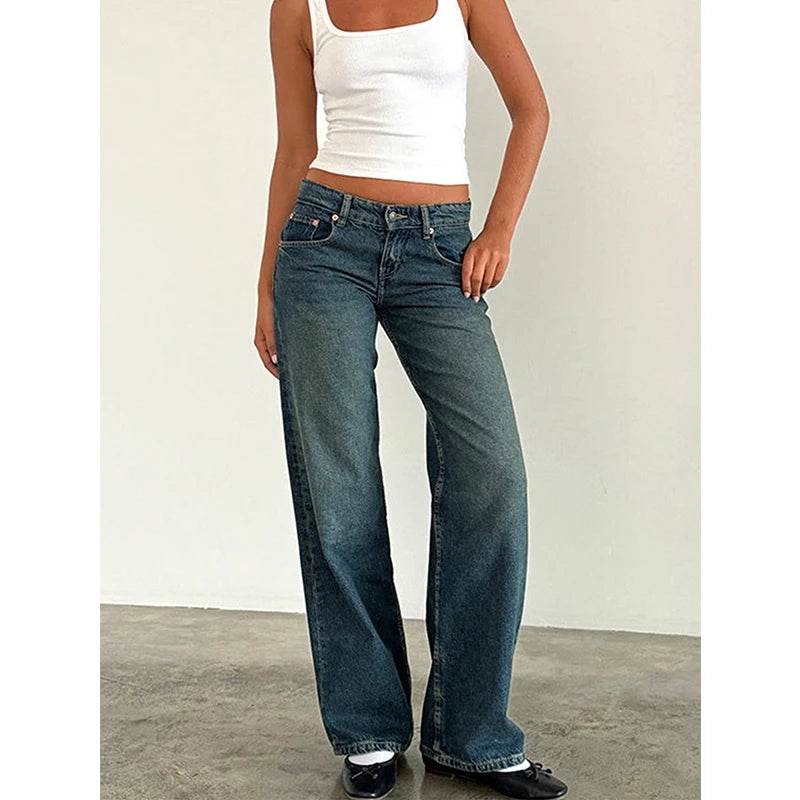 Women Vintage Aesthetic Y2k Low Rise Baggy Jeans Loose Fit Boyfriend Straight Wide Leg Jeans Trendy Stretch Long Denim Pants - AIAZ