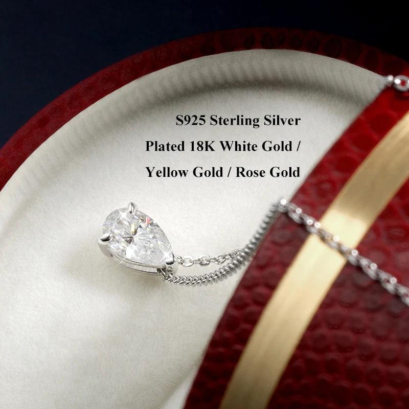 EWYA Solitaire Pear Cut 1-5CT D Color Moissanite Diamond Pendant for Women 925 Silver Plated 18k Rose Gold Chain Necklace GRA