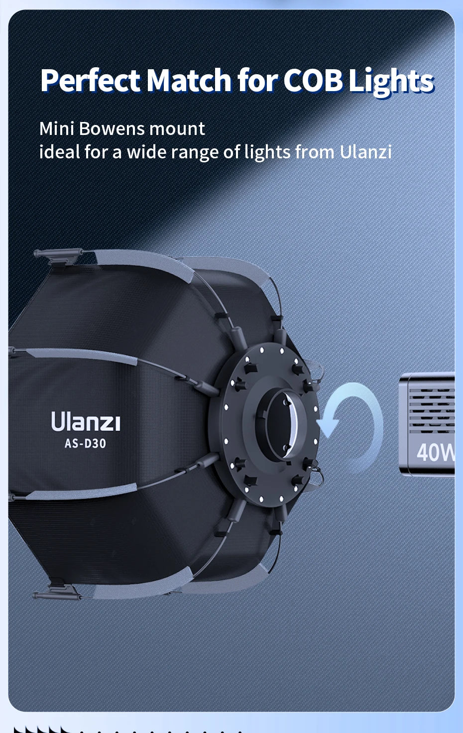 Ulanzi AS-D30 30cm Octagonal Softbox Quick Pack Light Box with Mini Bowens Mount for 40W COB Video Light