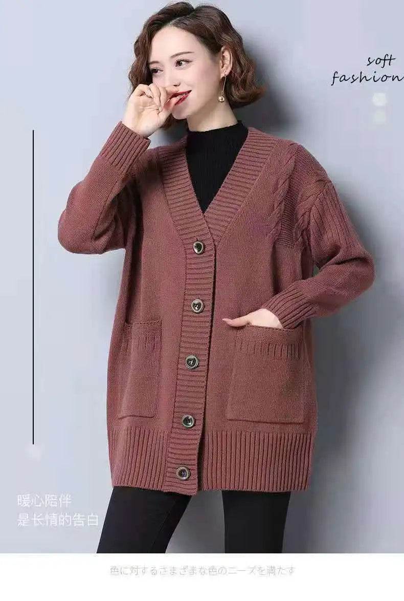 Knitted cardigan women's mid length westernized top autumn and winter new Korean version loose sweater age reducing jacket women - AIAZ