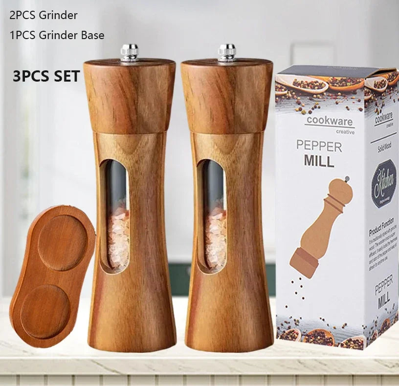Wood Pepper Grinder Shaker Adjustable Ceramic Core Grinding Bottle with Base Wood Salt Pepper Mills for Kitchen Cooking BBQ