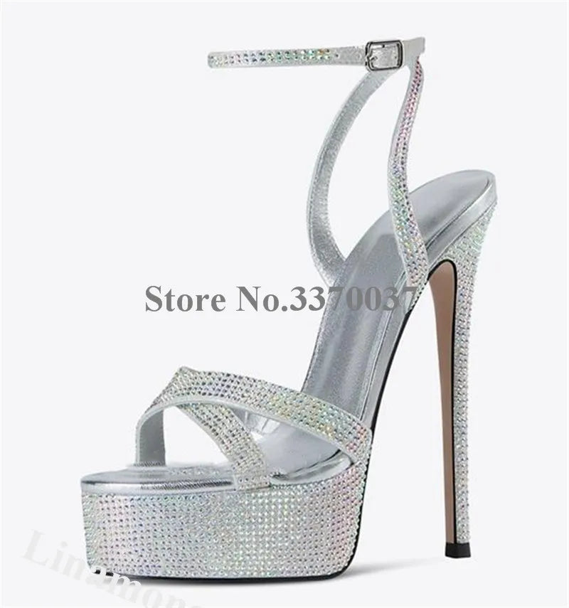 Bling Bling Rhinestones Sandals Linamong Charming Black Silver Crystals Platform Stiletto Heel Dress Shoes Wedding Party Heels