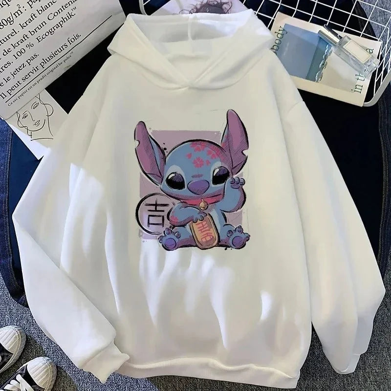 Boys Girls Disney Stitch Angel Cartoon Fun Print Fall and Winter Long Sleeve Top Kids Casual Comfortable Soft Hooded Sweatshirt