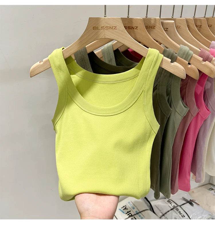 Women Solid Round Neck Ribbed Tank Top Camisole Women 2025 Summer Basic Elastic Tank Top O Neck Solid Tank Top - AIAZ