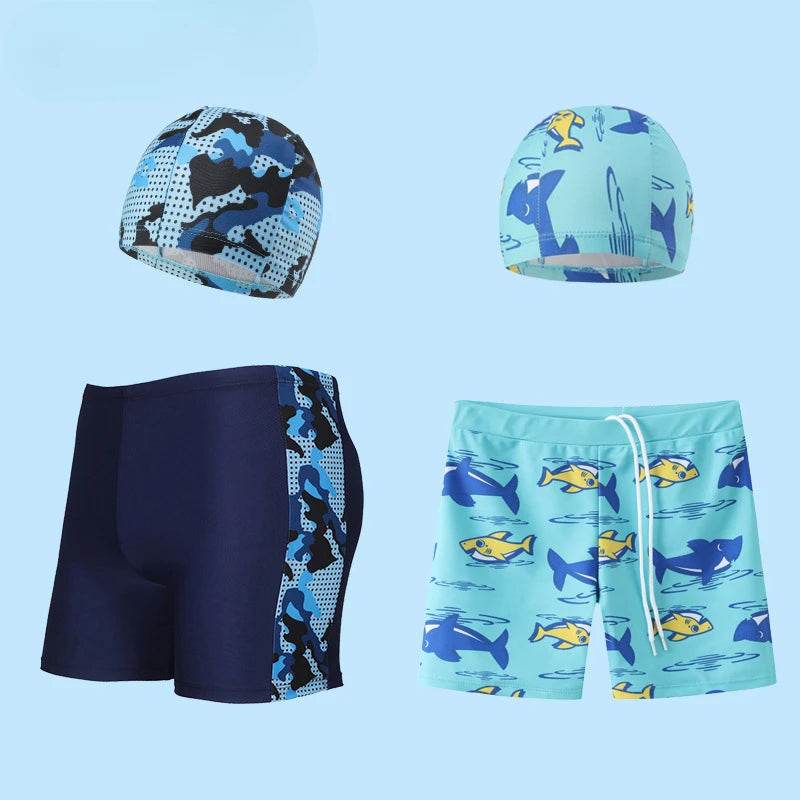 2-piece Set of Summer Children's Swim Trunks Swim Caps Boys' Swimwear Quick Drying Shorts Cartoon Print Beach Swimwear Ages 4-16 - AIAZ
