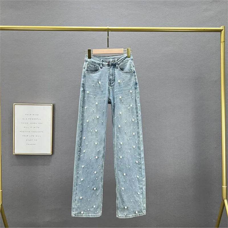 Denim Pants Fashion Beaded Jeans Wide-Leg Pants Female Tide 2025 New Spring And Summer High Waist Loose Mop Pants - AIAZ