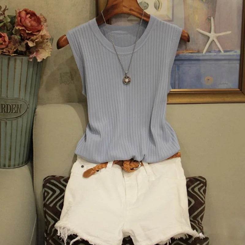 2025 Summer New Fashion Knitted Vests O-neck Sleeveless Casual Thin Tops Sleeveless Blouse Women Shirt - AIAZ
