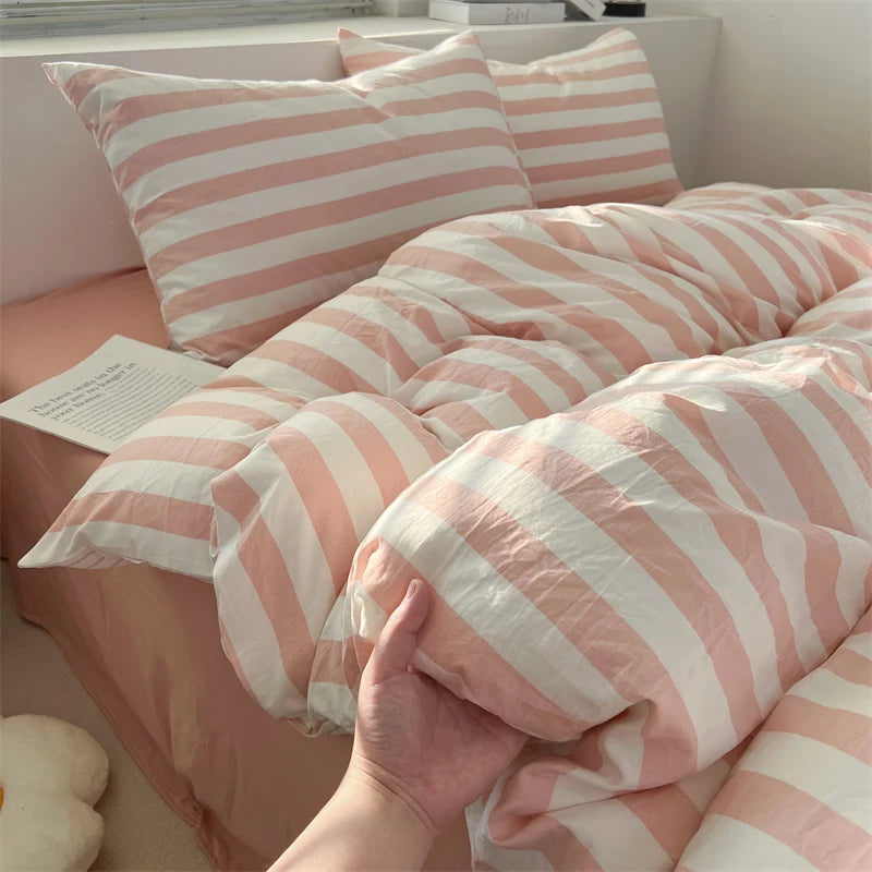 Washed Cotton Double Yarn Crepe Striped Quilt Set 3-4 Pillowcase with Sheet Bedding Cover Supplies 200x230 220x240 Skin Friendly