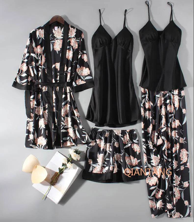 Pajamas Set Women Sleepwear Casual Satin Robe Suit Nightwear Lounge Wear V-neck Soft Pyjamas Kimono Bathrobe Gown Lingerie - AIAZ