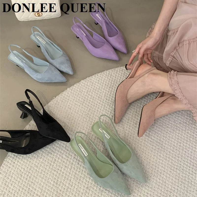Fashion Brand Slingback Sandals Women Med Heels Pumps Elegant Pointed Toe Female Mules Dress Slides Sandalias Mujer Verano Mujer - AIAZ