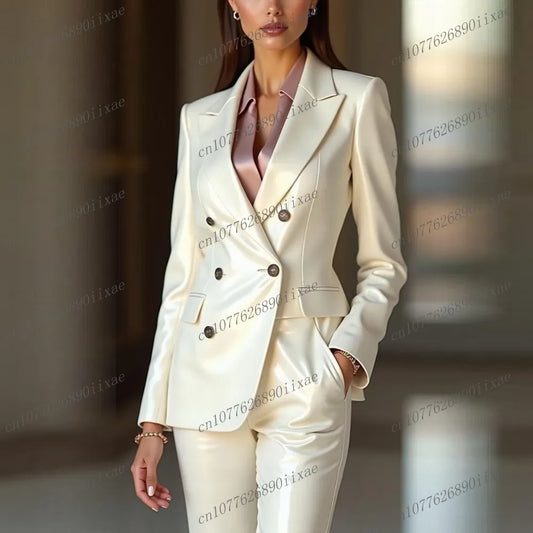 Ivory Satin Women Suits Lady Formal Business Tuxedos Mother Wedding Party Special Occasions Ladies 2 Piece Set Jacket Pants