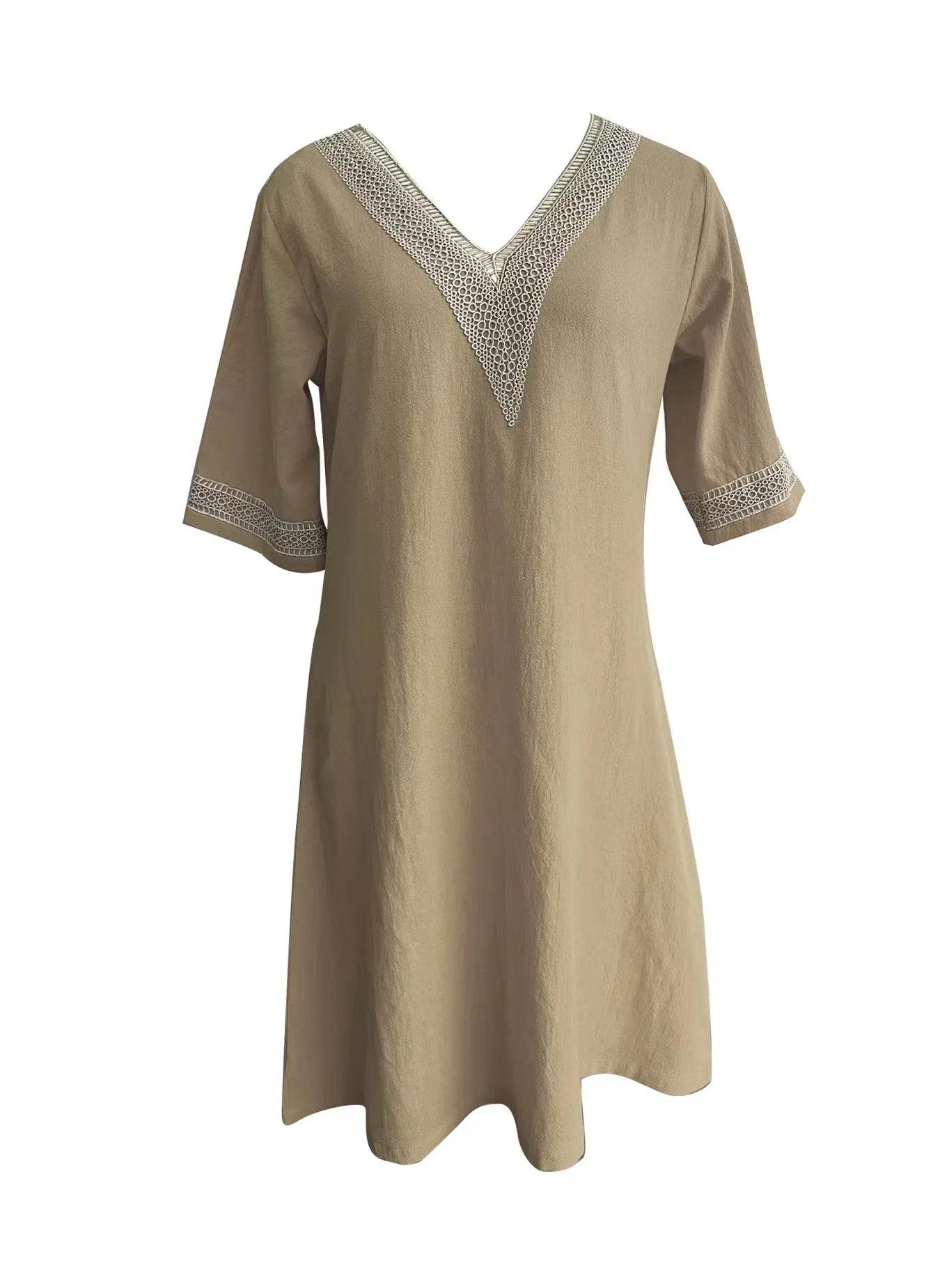 Women Cotton Linen Dress 2025 Summer Sexy V-neck White Dress Elegant Luxury Casual Solid Color Mid-Sleeve Female Y2k Streetwear - AIAZ