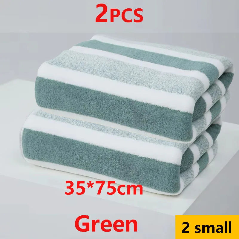 2PCS Thickened Absorbent Bath Towel Striped Pattern Towel Set Soft Face Towel for Home Bathroom Spa Quick Drying Microfiber