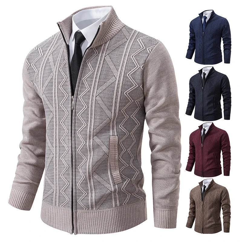 Thickened jacket men's autumn and winter warm trend line stand collar knitted cardigan sweater coat - AIAZ