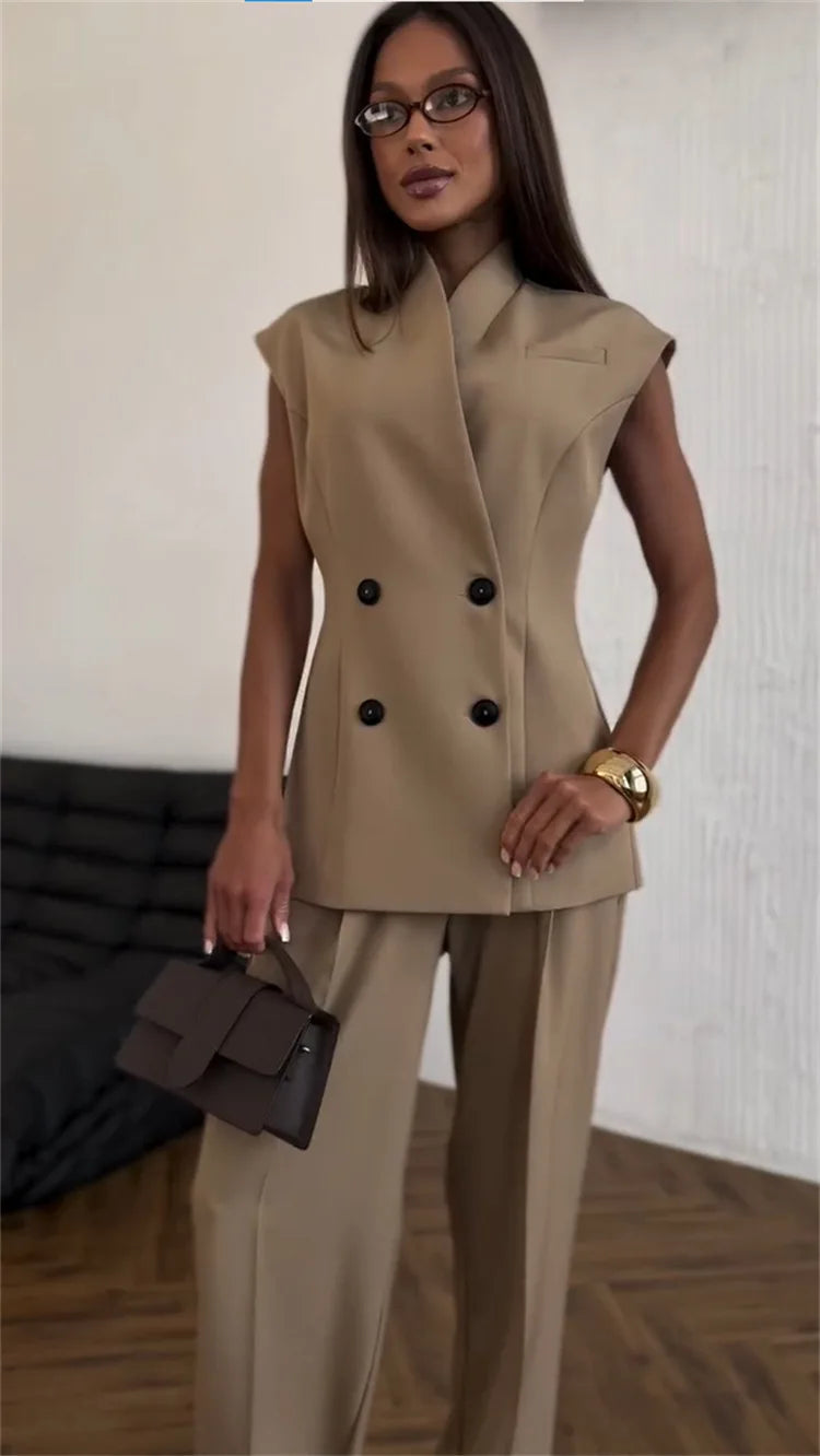 Street Slim Vest Pant Outfit Spring Women Sleeveless Double Breasted Tank Top+High Waist Zip Wide Leg Pants Summer Two Piece Set