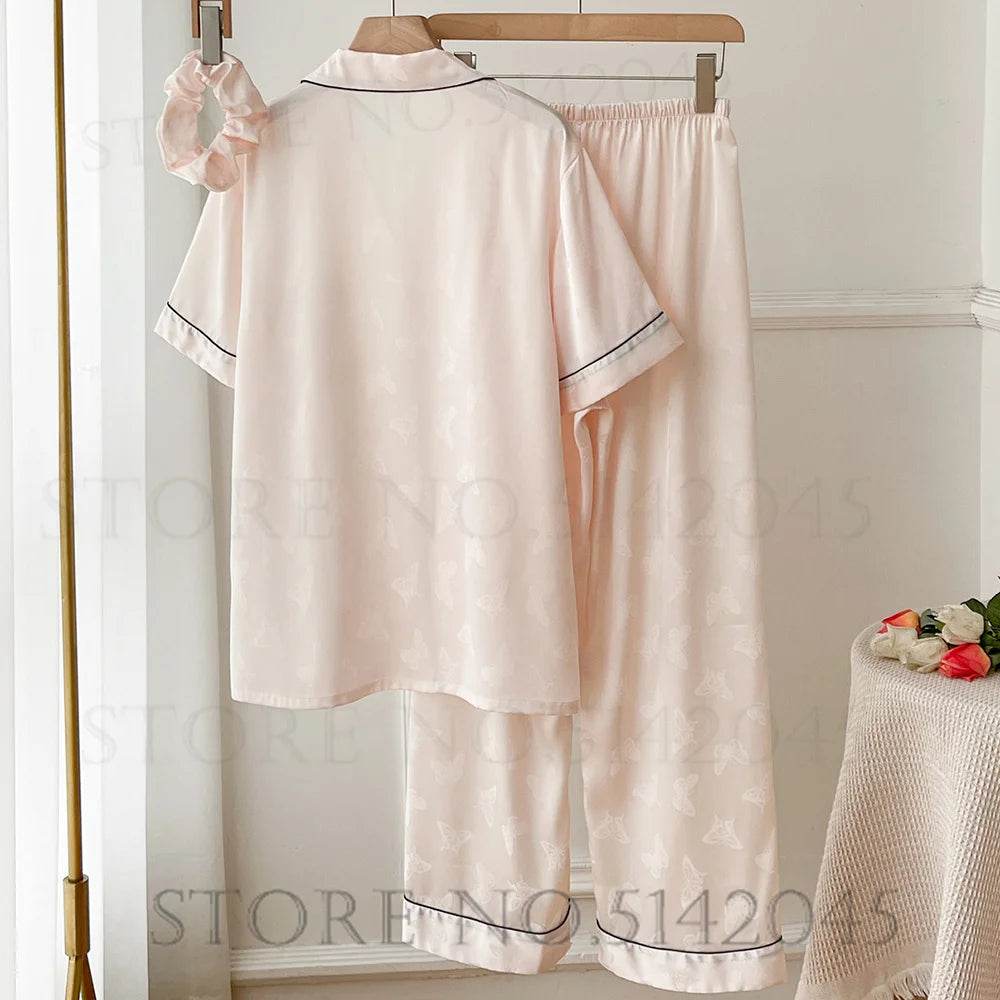 Summer Short Sleeve Pajamas Set Trouser Suits Women Sleepwear Elegant Pink Jacquard Butterfly Pyjama Pour Femme Satin Homewear - AIAZ