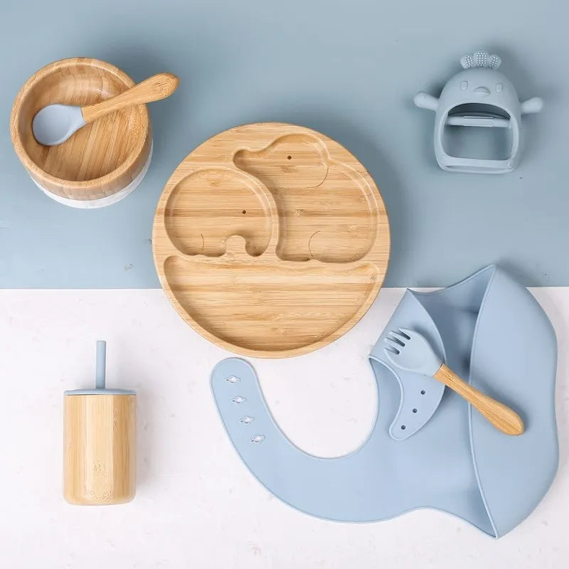 Wooden Dinner Plate Feeding Supplies Bamboo Baby Tableware Silicone Suction Plate Bowl BPA Free Baby Stuff Newborn Accessories