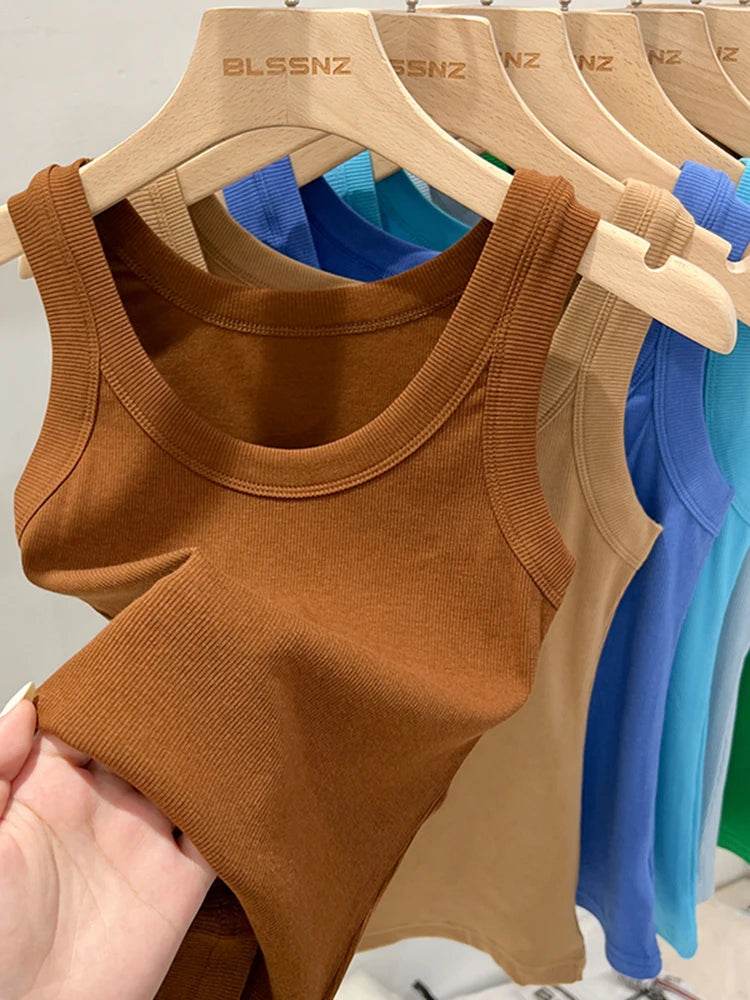 Women Solid Round Neck Ribbed Tank Top Camisole Women 2025 Summer Basic Elastic Tank Top O Neck Solid Tank Top - AIAZ