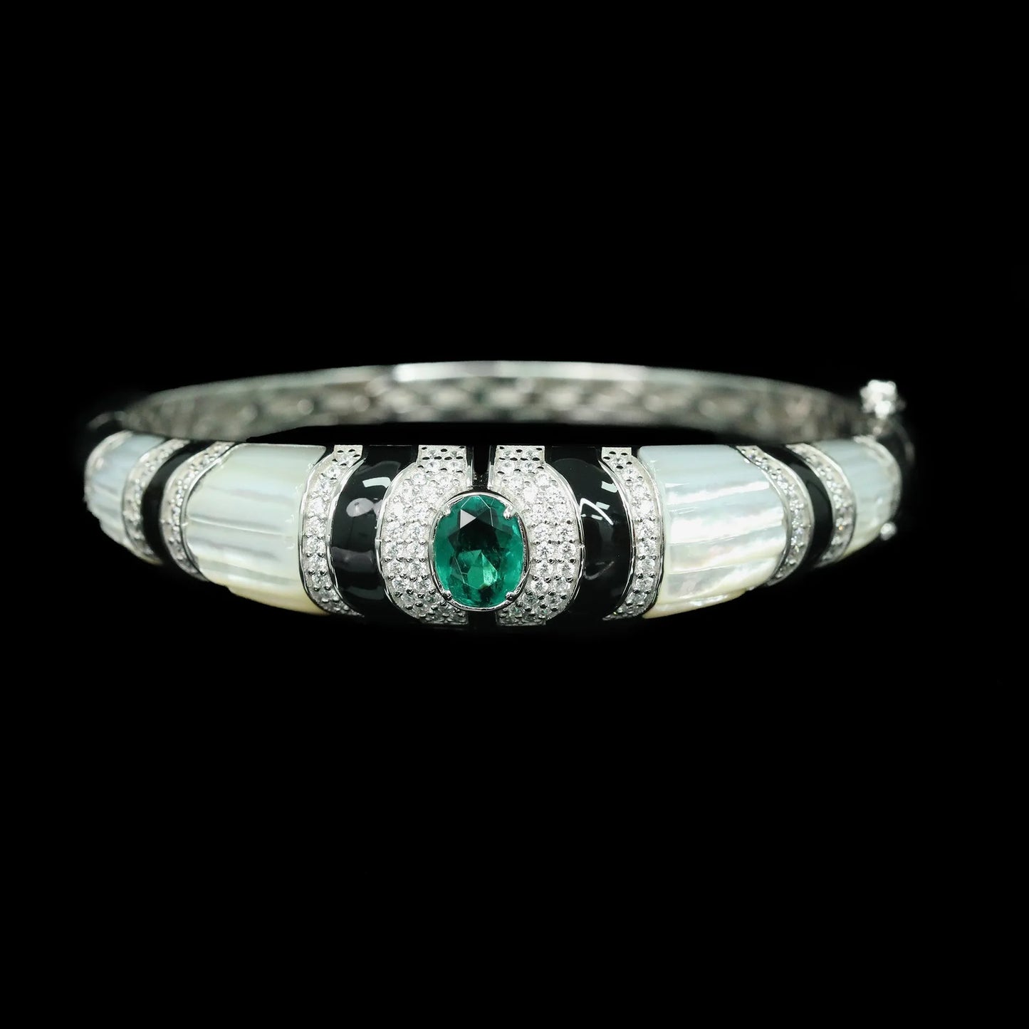 Gazing Jewelry925 Sterling Silver White Shell Pearl Black Agate Emerald Green Carbon Diamond Gemstone Ladies' Bracelet Jewelry