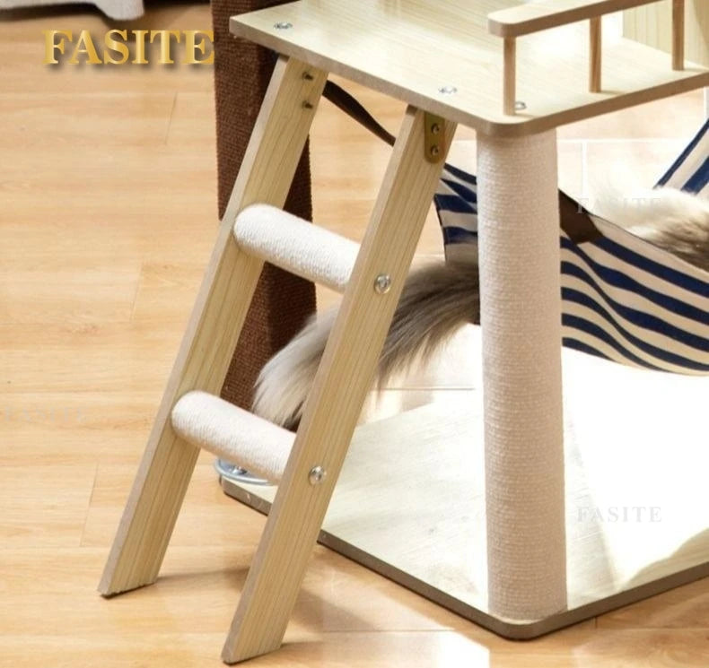 Luxury Cat House Two-Storey Villa Pet Cat Beds Hammock Coconut Tree House Wooden Pet Condos With Stairway Cat Scratching Posts