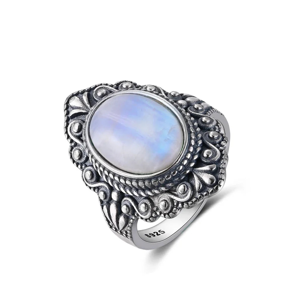 Retro Oval Natural Labradorite Rings for Women Men Silver Ring Finger Ring Retro Gemstone Rings Jewelry Party Gift