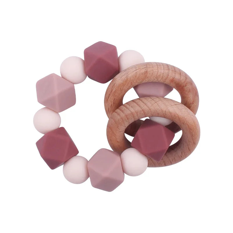 Baby Teether Bracelet Crochet Wood Crafts Engraved Bead Food Grade Silicone Beads Wood Animal Pendant Teething Toys For Rattle