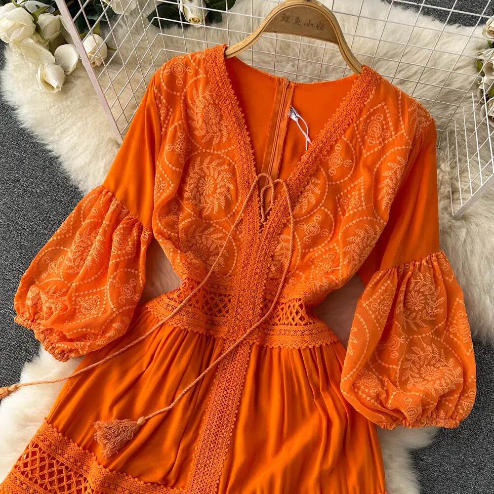 New Women Lantern Sleeved Elegant Dress Summer French Hollowed Out Mid Length Dresses Korean Style Vintage Long Dress - AIAZ