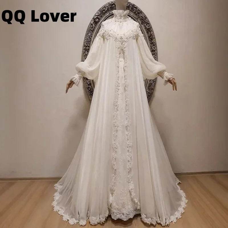Fashion Chiffon Appliques Muslim Wedding Dresses Long Sleeve High Neck Bridal Gown Arabic Dubai Vestidos De Novia Customized - AIAZ