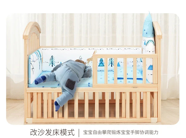 Baby Crib Multifunctional BB Baby Crib Solid Wood Unpainted Cradle Bed Movable Newborn Children Splicing Large Bed