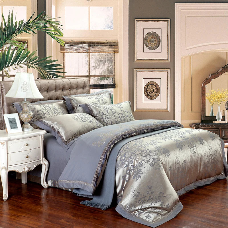Sliver Gold Luxury Silk Satin Jacquard duvet cover bedding set queen king size Embroidery bed set bed sheet/Fitted sheet set