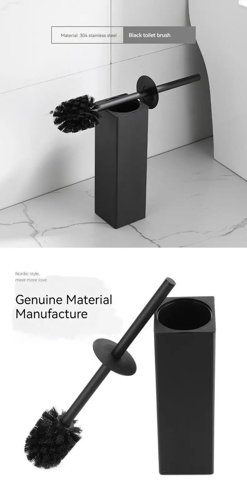 Square toilet brush, 304 stainless steel floor-mounted toilet brush, bathroom toilet punch odor-proof long tube wall-mounted