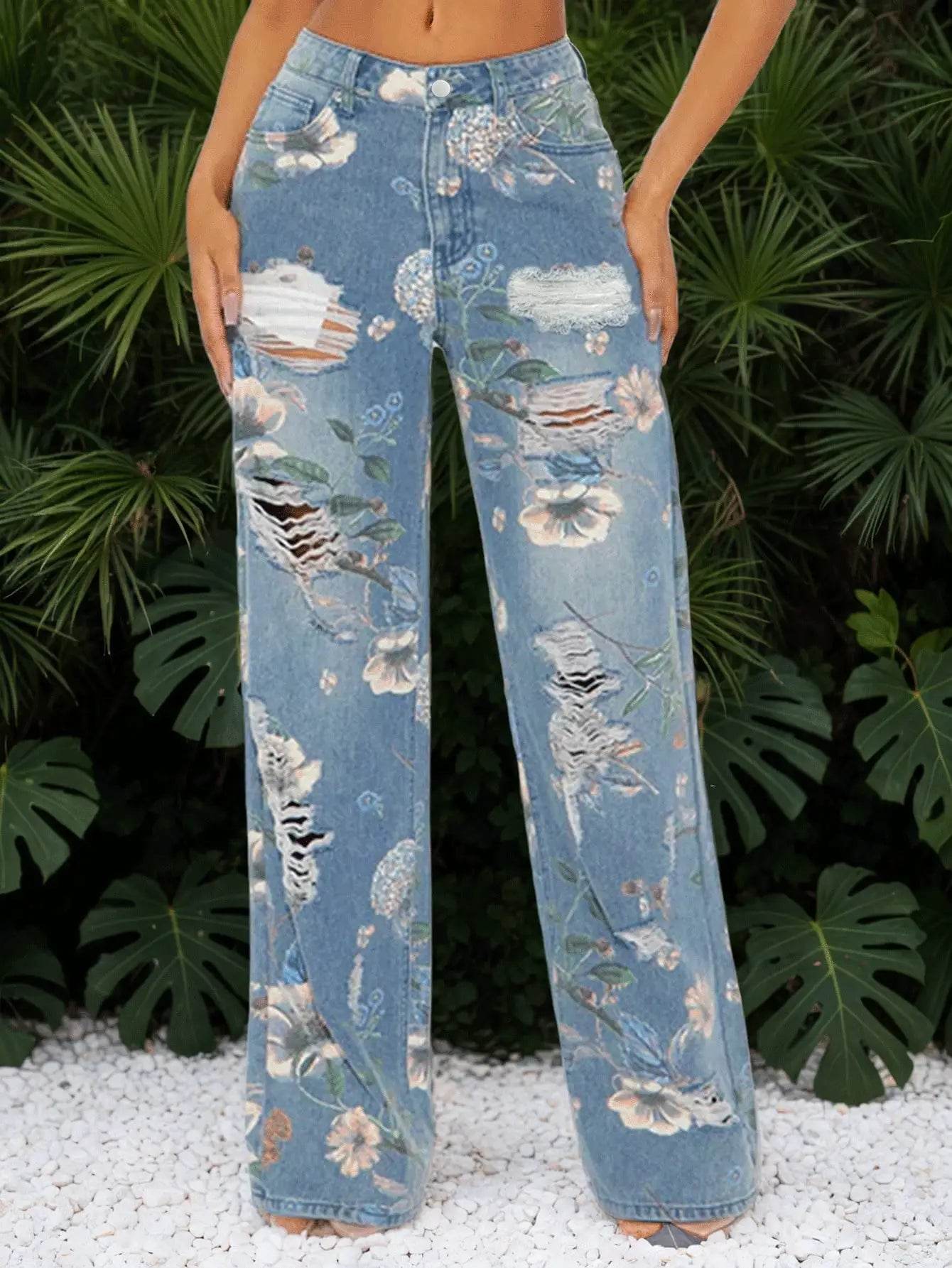 Women's Printed Straight-Leg Distressed Denim Jeans - Trendy Ripped Design for Casual Style - AIAZ