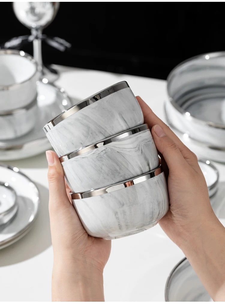 Light Luxury Ceramic Tableware Set Marble Fish Plates With Silver Rim Household Hotel LArge Capacity Soup Bowl Deep Plates