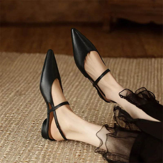 Summer Sandals Sheep Leather Women Shoes Pointed Toe Low Heel Women Pumps Genuine Leather Cover Toe Sandals for Women Handmade - AIAZ