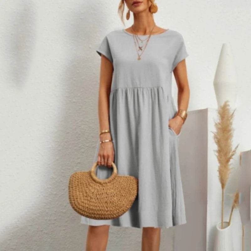Women's Dresses 2025 Summer Fashion Casual Dresses Women Loose Mid Length Over Knee Dress New Short Sleeve Solid Dress Woman - AIAZ