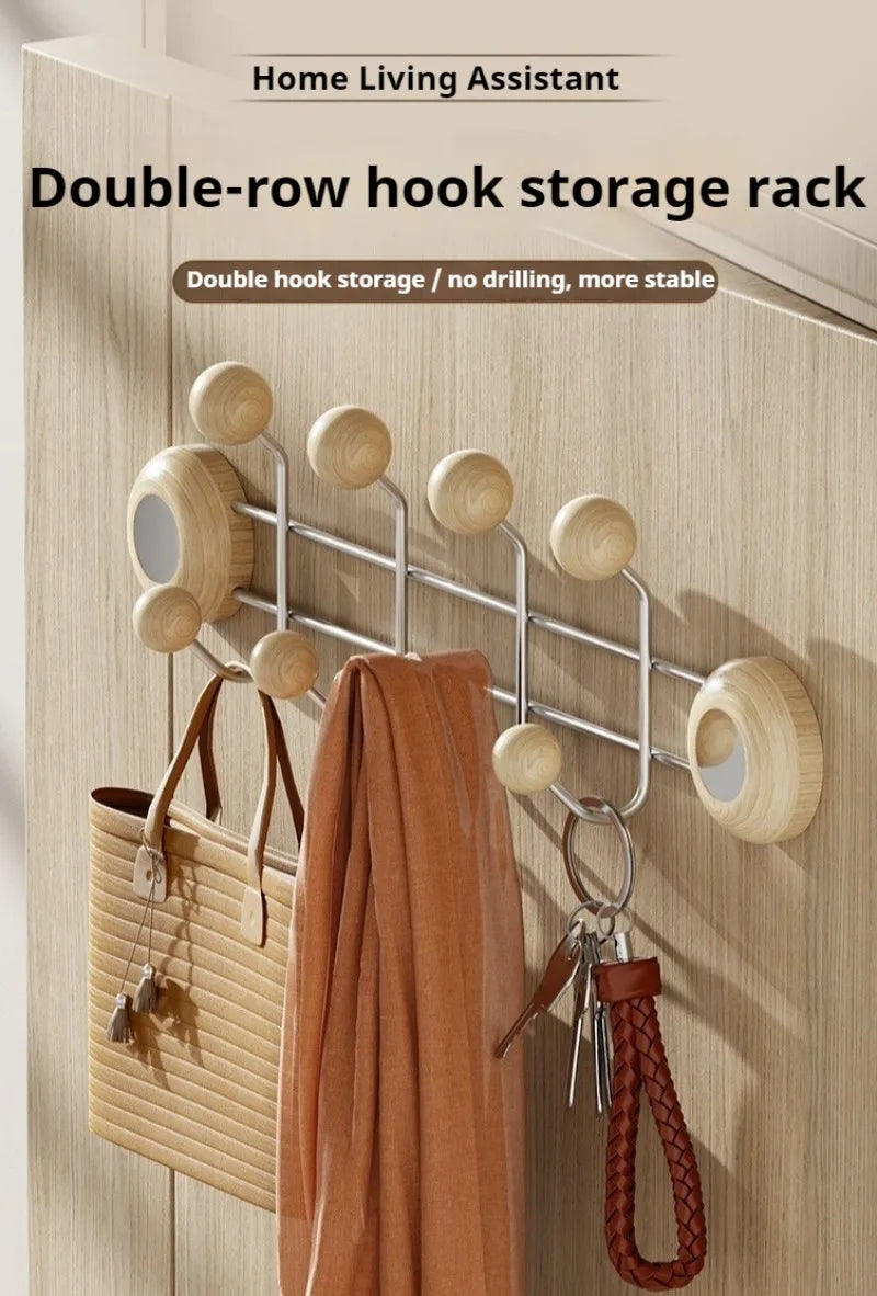 Stainless Steel Double Rows Door Hooks Simple Wood Grain Strong Adhesive Hooks Creative Multifunctional Art Home Decoration