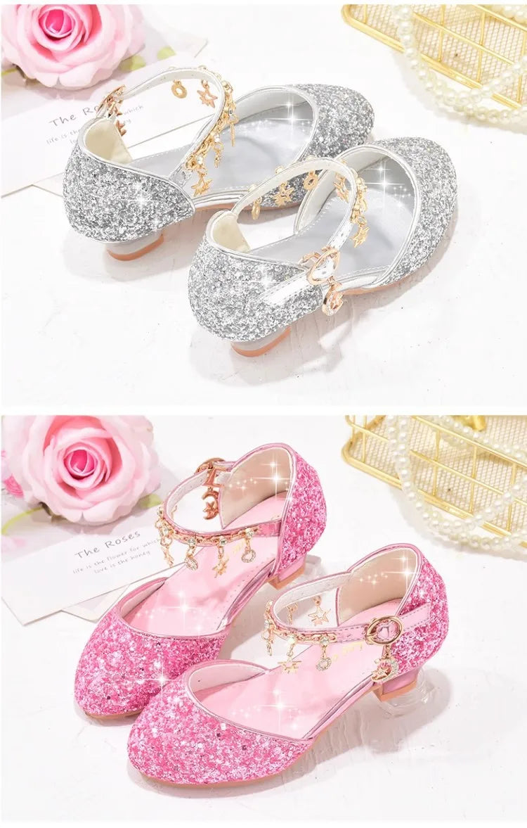 Heeled Dancing Shoes Due To Gold for Girls Glitter Shoes Heels Girls Princess Flowergirl Dresses Golden Girl Child Shoe for Wed