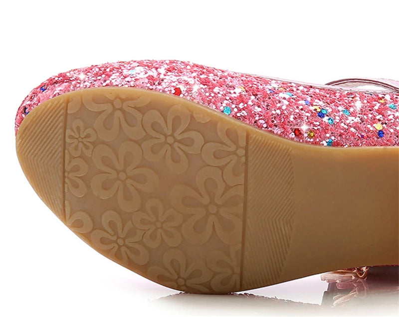 Princess Butterfly Leather Shoes Kids Diamond Bowknot High Heel Children Girl Dance Glitter Shoes Fashion Girls Party Dance Shoe