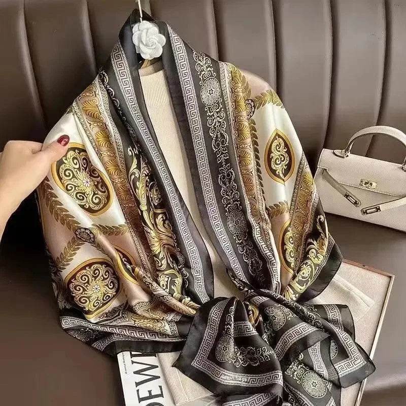 New Summer Women's Silk Scarf Sun Protection Satin Print Extra Long Beach Cover Up Decorative Mom's Shawl Fashionable Accessory - AIAZ