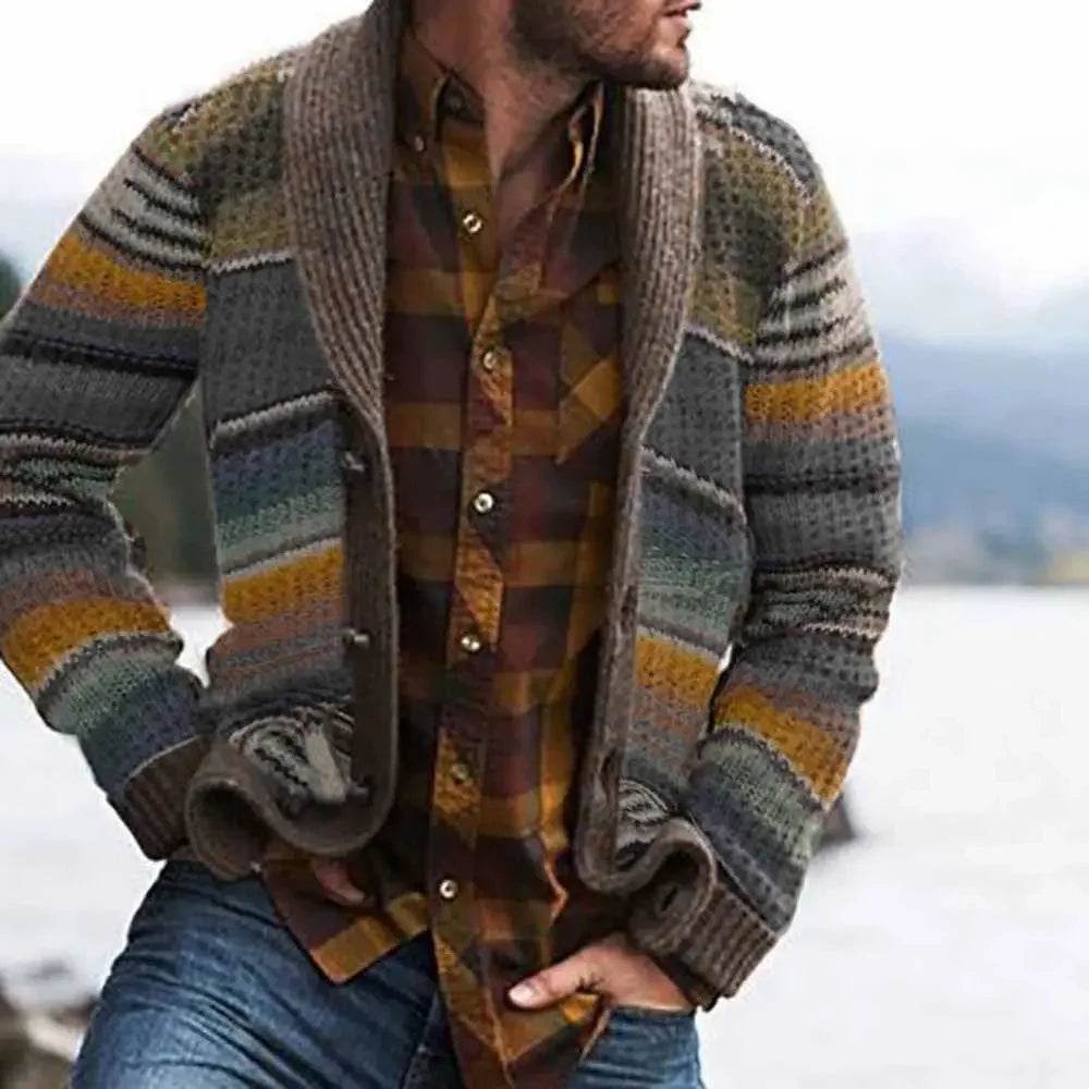 Men's Sweater Jacket Lapel Color-blocked Knitted Cardigan Sweater - AIAZ